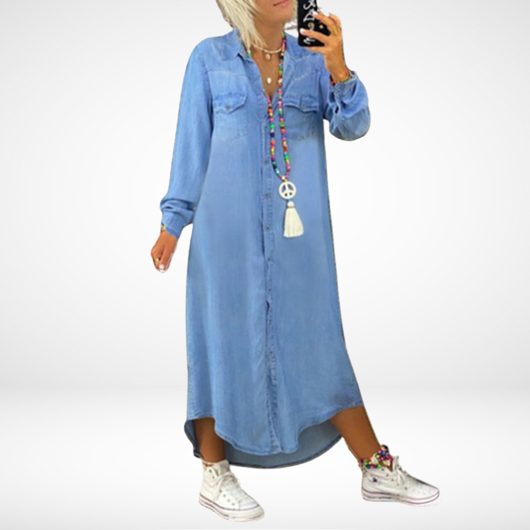 Ines - Long-Sleeved Denim Maxi Dress