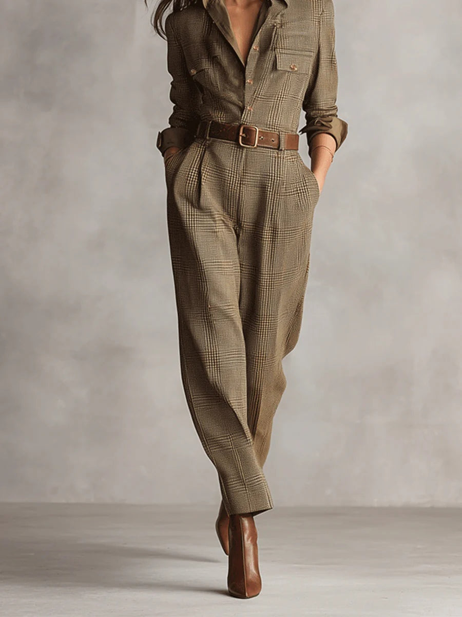 Beata | Refined tweed texture check utility jumpsuit