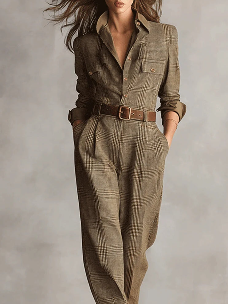 Beata | Refined tweed texture check utility jumpsuit