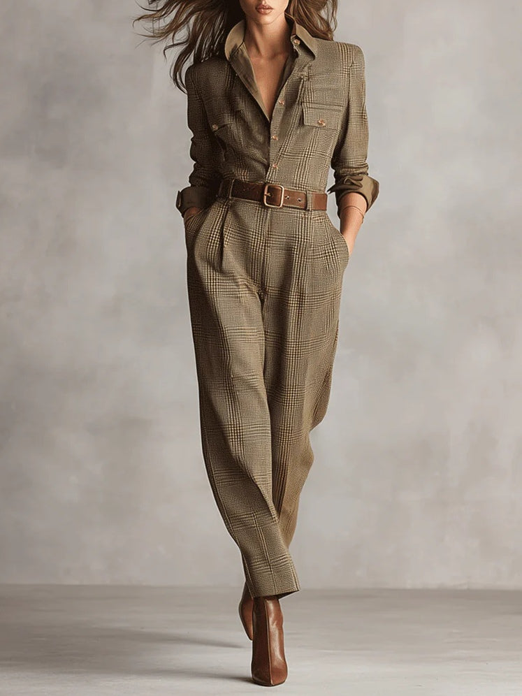 Beata | Refined tweed texture check utility jumpsuit