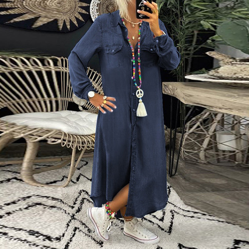 Ines - Long-Sleeved Denim Maxi Dress